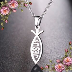 Stainless Steel Necklace Pendant In Fish Shape With Jesus‎ Engraving